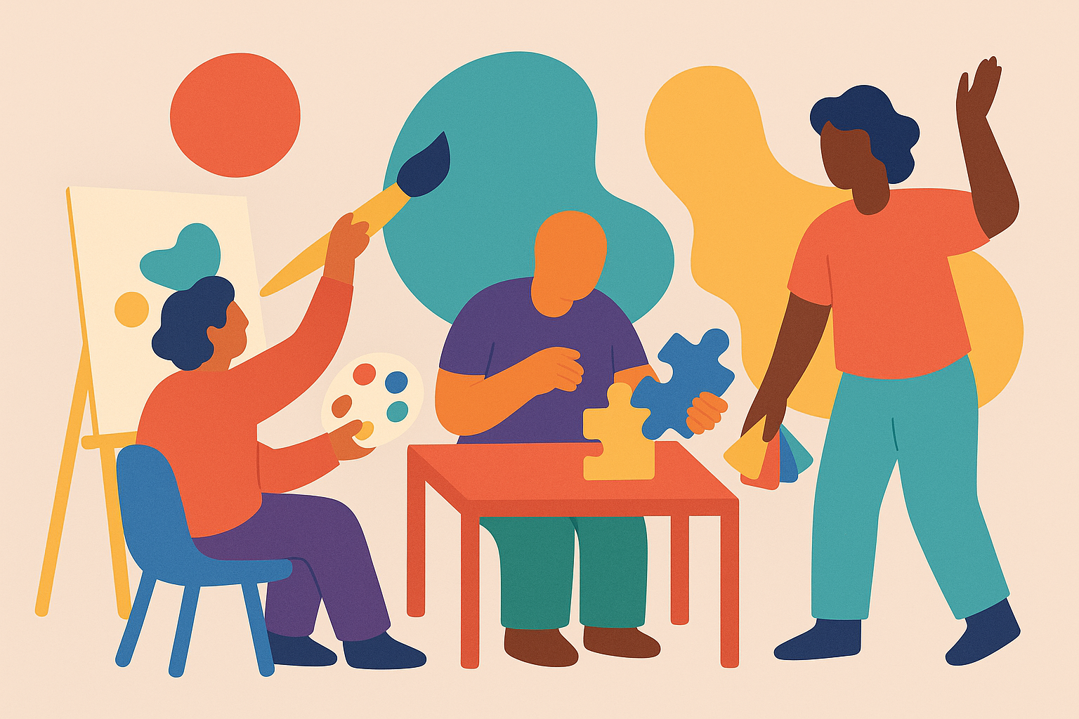 Illustration of adults enjoying creative activities together